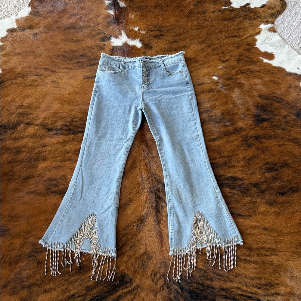 Women's Light Blue Flared Jeans with Rhinestone Fringe Detail